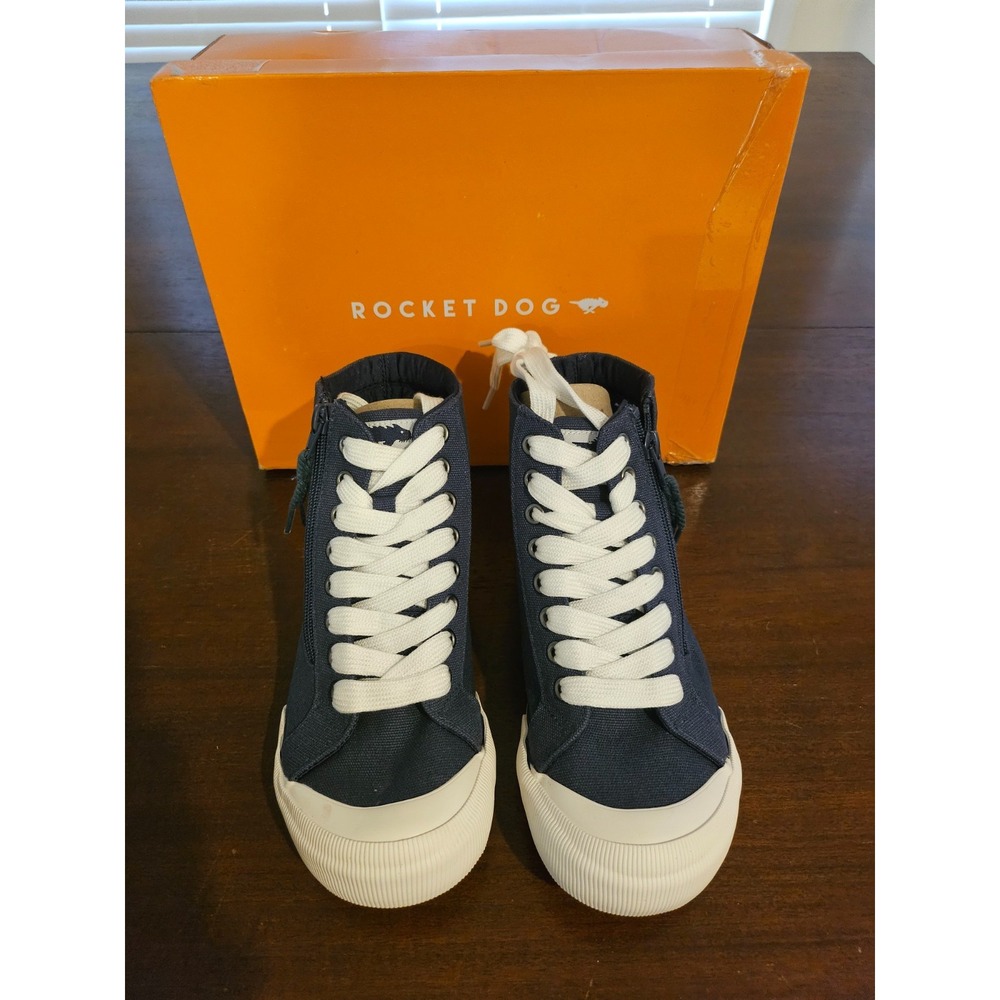 Rocket Dog Jazzin Hi Canvas‎ Navy White Cotton Ladies Shoes Size 6 NEW